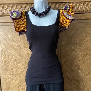 Black Tank Yellow Ethnic Print Ruffle Sleeve Top